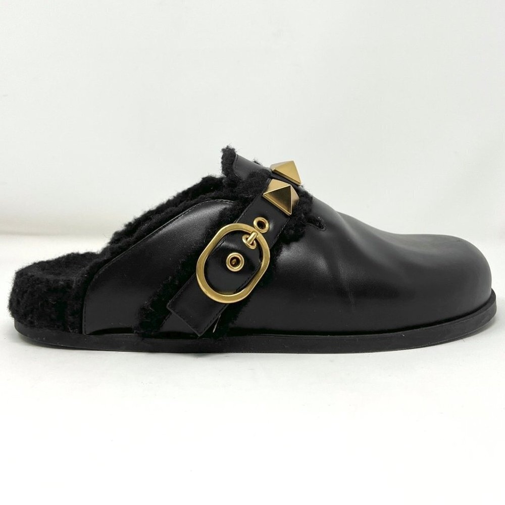 Valentino Roman Stud Mules Black Leather Shearling Flats 37.5 - Picture 5 of 10